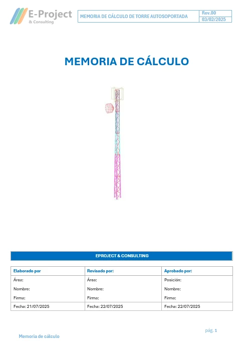 Portada de una memoria de cálculo de torre autosoportada de E-Project, con el esquema de la torre y el cuadro de elaboración, revisión y aprobación.